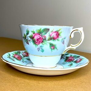 VTG Colclough Bone China Teacup and Saucer in Bands of Soft Blue Roses